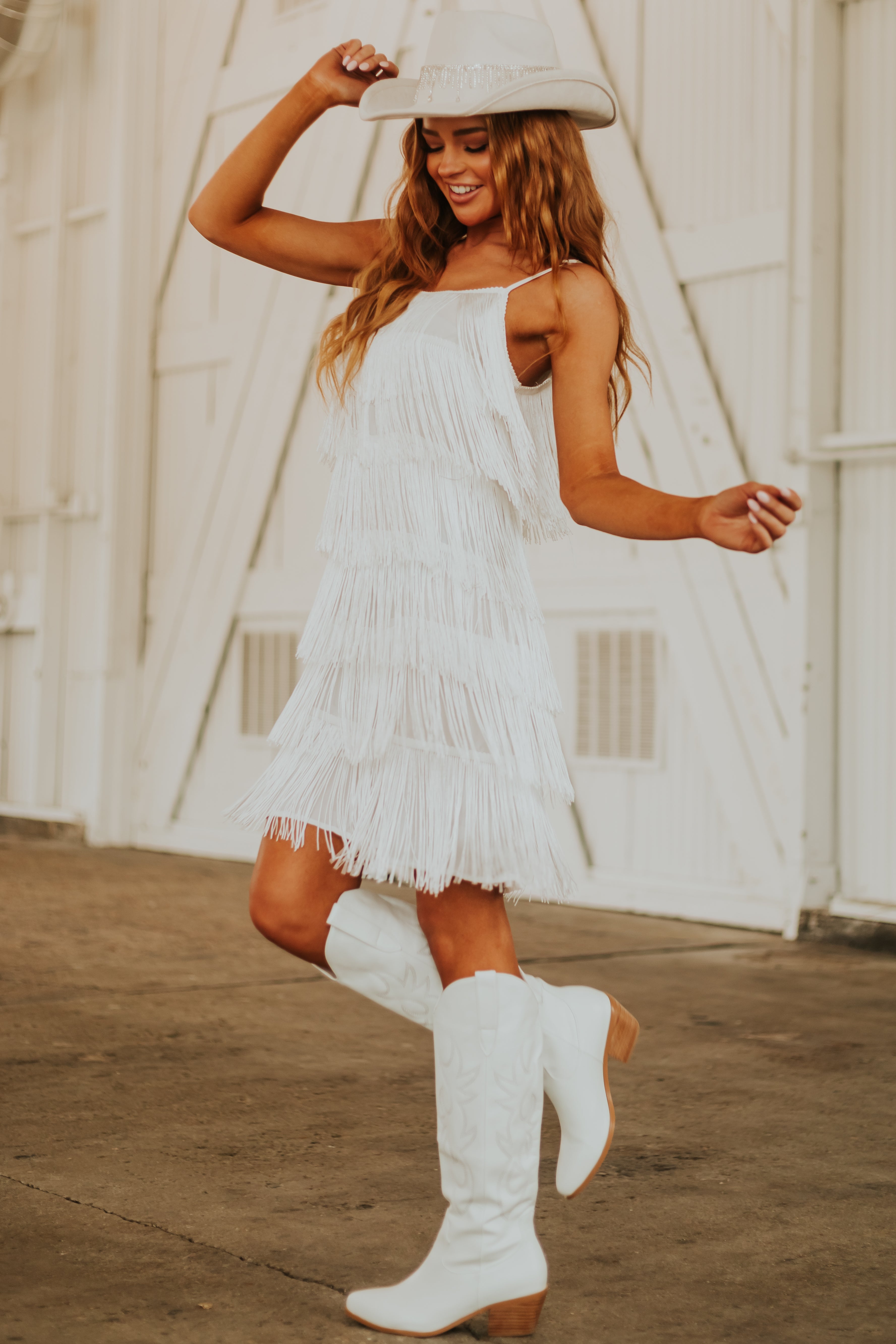 Women's White Layered Fringe Sleeveless Short Dress - Size S